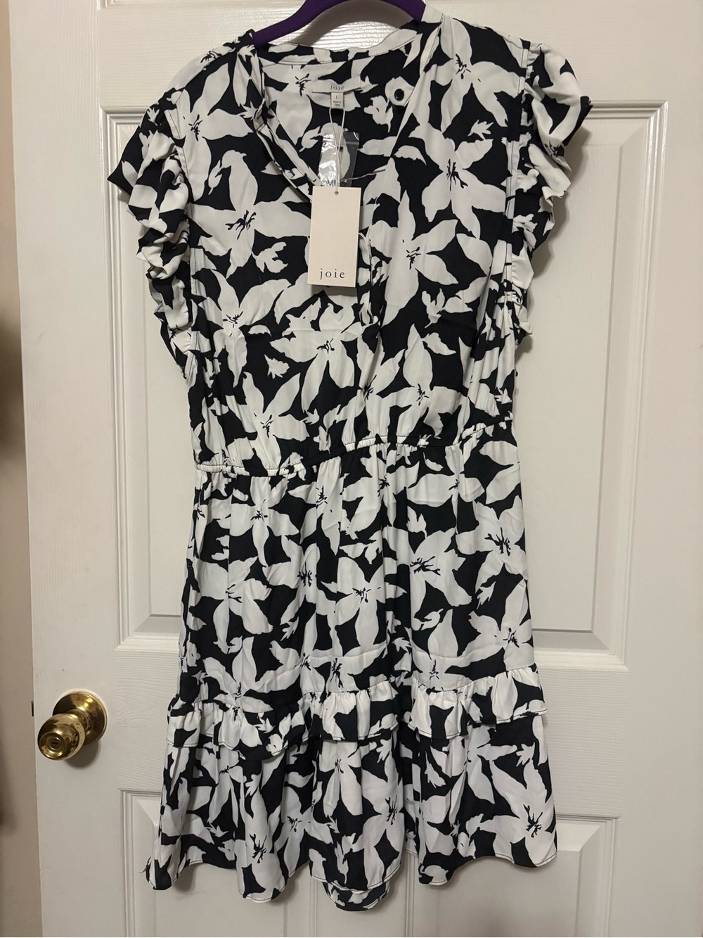 Joie Black and White Floral Ruffle Mini Dress